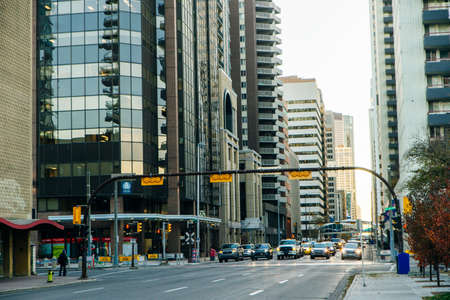 view of Calgary downtown on Centre Street showing tall corporate office skyscrapers. canada - sep 2019.のeditorial素材