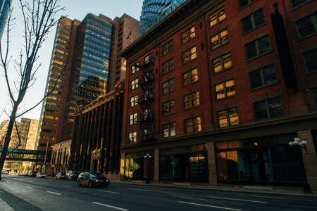 view of Calgary downtown on Centre Street showing tall corporate office skyscrapers. canada - sep...