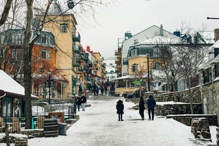 MONT-TREMBLANT, QC, CANADA - FEBRUARY 2020 Mont-Tremblant village in winter.のeditorial素材