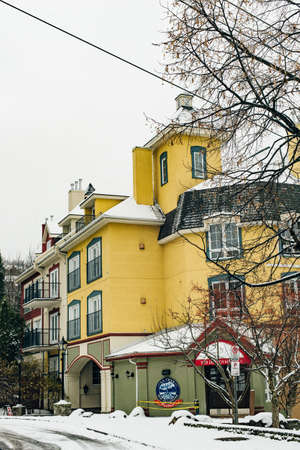 MONT-TREMBLANT, QC, CANADA - FEBRUARY 2020 Mont-Tremblant village in winter.のeditorial素材