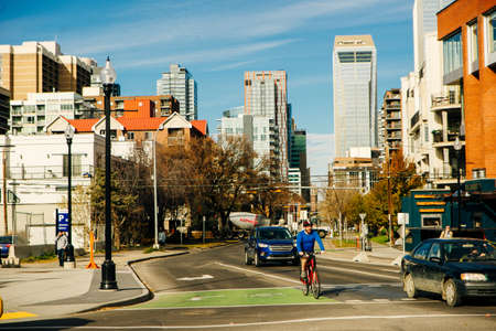 view of Calgary downtown on Centre Street showing tall corporate office skyscrapers. canada - sep...