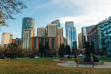 view of Calgary downtown on Centre Street showing tall corporate office skyscrapers. canada - sep 2019.のeditorial素材