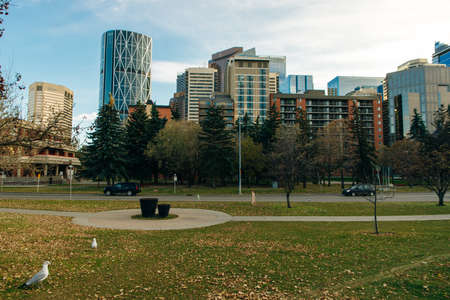 view of Calgary downtown on Centre Street showing tall corporate office skyscrapers. canada - sep 2019.のeditorial素材