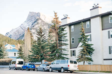 BANFF, ALBERTA, CANADA -dec, 2019 Scenic street view of the Banff Avenue.