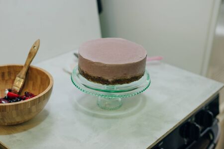 homemade raw strawberry cakes with fresh berries.の写真素材