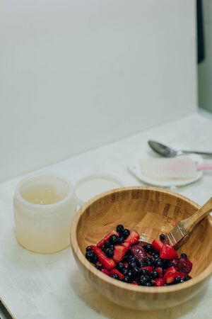 strawberry in gel for a cake on the kitchen.の写真素材