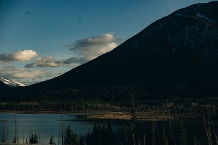 Snowy winter scenery in the Canadian Rocky Mountains - Mount Rundle and Vermillion Lakes - Banff National Park, Canada.の写真素材