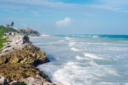 Panorama on sandy beach and caribbean lagoon at seaside landscapes of Tulum city near archeological site in Mexico.の写真素材