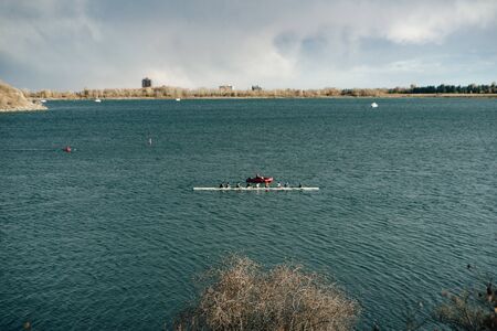 boat of the glenmore causeway over the glenmore reservoir. Calgary, Alberta, Canada.の写真素材