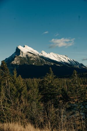 Snowy winter scenery in the Canadian Rocky Mountains - Mount Rundle and Vermillion Lakes - Banff...
