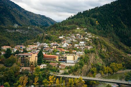 city Borjomi aerial view city landscape Borjomi resort town in South Central Georgia.の写真素材