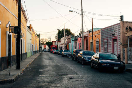 Beautiful traditional colorful old houses with decoration on street in Merida, big colonial city in Yucatan - december, 2019.のeditorial素材