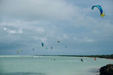 mexico, island holbox - february 2020 Kite surfing at holbox island in the caribbean sea.