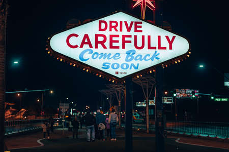 Las Vegas, Nevada, USa - december, 2019 back of the Welcome to Las Vegas Sign reminding you to drive carefully and come back soonのeditorial素材