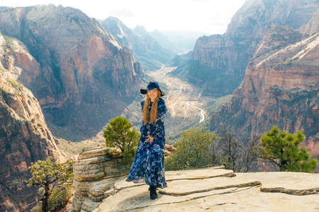 girl traveller on Zion National Park in southwestern Utah near the town of Springdale, USAの写真素材