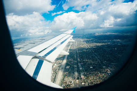 los angeles, september, 2019 Panoramic aerial view of LA, from the inside of a Skyup flightのeditorial素材