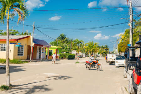 Holbox, Mexico, South America - January 2020 Tropical relaxation in Holbox island, tourist destination, town houses and restaurants in the streetのeditorial素材
