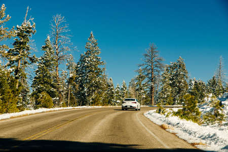 Snowy winter road. Winter fairy tale. Ride on a winter roadの写真素材