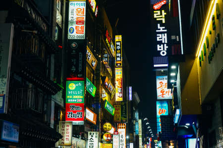 SEOUL, SOUTH KOREA - SEPTEMBER 2019 Illuminated signboards at stores in Jongno District.のeditorial素材