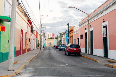 Beautiful traditional colorful old houses with decoration on street in Merida, big colonial city in Yucatan - december, 2019.のeditorial素材