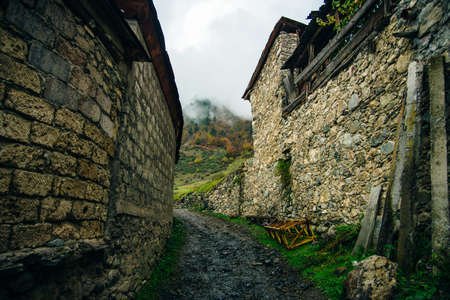 Georgia, Svaneti, Mestia - September 2019 Tourists street in the mountain town of Mestiaの写真素材