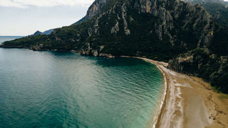 CHIRALI, TURKEY: aerial view Sunny beach resort in Turkey with stunning views of the mountainsの写真素材