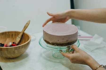 homemade raw strawberry cakes with fresh berries.の写真素材