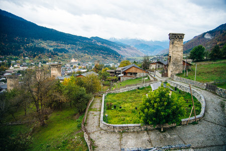 Georgia, Svaneti, Mestia - September 2019 Tourists street in the mountain town of Mestia.