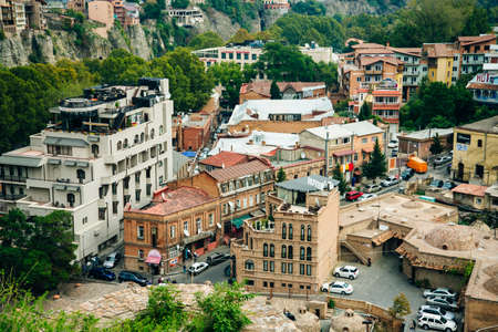 Tbilisi, Georgia - september, 2019 Panoramic view of Tbilisi city from the Narikala Fortress, old town and modern architectureのeditorial素材