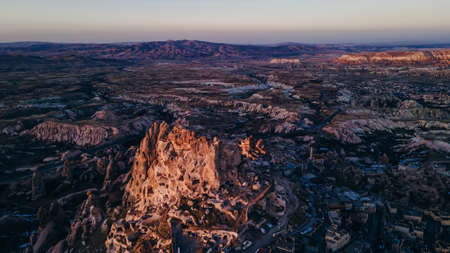 Turkey. Cappadocia. aerial View on rock-castle of Uchisar castle at a sunset. High quality photoの写真素材