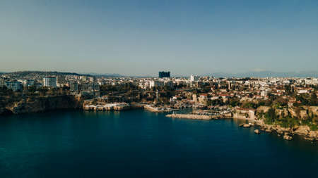 Aerial photograph of Antalya bay in Antalya city from high point of drone fly on sunny day in...