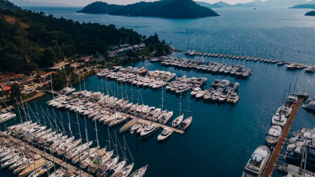 Gocek harbor, bay and city of skyline aerial view. Mediterranean coast, Fethiye TURKEY.