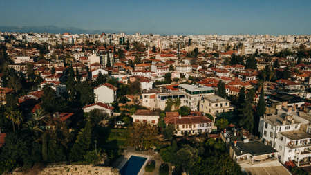 Aerial photograph of Antalya bay in Antalya city from high point of drone fly on sunny day in...