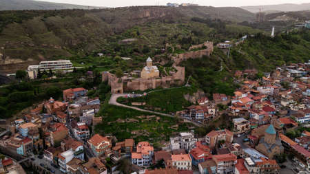 Aerial view of center of Tbilisi, bridge of peace over river Kura. High quality photoの写真素材