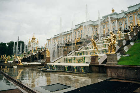 Peterhof (Petergof) which hosts Grand Peterhof Palace on a rainy day. Saint Petersburg, Russia - august, 2021. High quality photoのeditorial素材