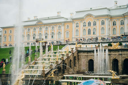 Peterhof (Petergof) which hosts Grand Peterhof Palace on a rainy day. Saint Petersburg, Russia - august, 2021. High quality photoのeditorial素材