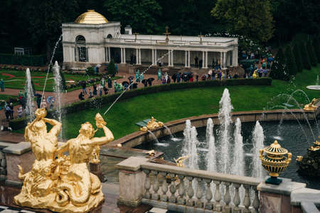 Peterhof (Petergof) which hosts Grand Peterhof Palace on a rainy day. Saint Petersburg, Russia - august, 2021. High quality photoのeditorial素材