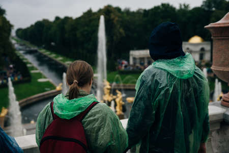 Peterhof, Russia: August, 2021 - the palace park. Tourists visiting the landmark of St. Petersburg. High quality photoのeditorial素材