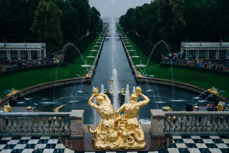 SAINT PETERSBURG, RUSSIA JULY, 2021: panoramic platform on the lower park with cascading fountains. High quality photoのeditorial素材