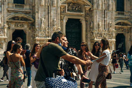 MILAN - NOV, 2021: Tourists visit Piazza Duomo in Milan, Italy. High quality photoのeditorial素材