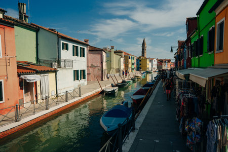 Burano, Italy - Nov, 2021 View of the colorful Venetian houses along the canal. High quality photoのeditorial素材