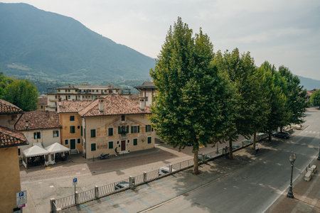 Feltre, Italy - nov, 2021 Street view of the Feltre town in the province of Belluno in Veneto, northern Italy. High quality photoのeditorial素材