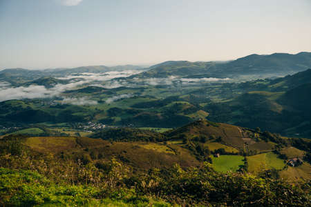 Village and road in mountains valley. Pyrenees. Camino de Santiago landscape. ... High quality photoの写真素材
