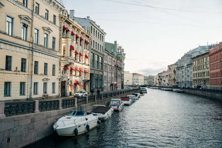 St. Petersburg, Russia - August 2021 River channel with boats in Saint-Petersburg. Summer. High quality photoのeditorial素材
