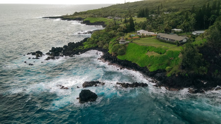 aerial Red Sand Beach in hana, maui, hawaiiの写真素材