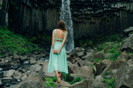 Model posing at Svartifoss waterfall in the Skaftafell National Park, iceland. High quality photoの写真素材