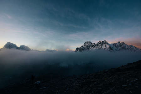Fire on Everest. Everest mountain on sunrise, view from Gokyo Ri peak. Himalayas, Nepal. High...