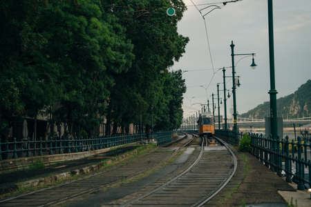 yellow tram in budapest city, hulgary - nov, 2021. High quality photoのeditorial素材