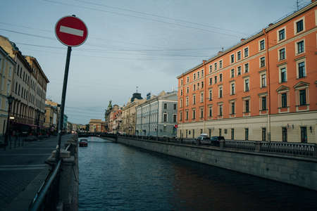 St. Petersburg, Russia - August 2021 River channel with boats in Saint-Petersburg. Summer. High quality photoのeditorial素材