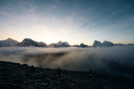 Fire on Everest. Everest mountain on sunrise, view from Gokyo Ri peak. Himalayas, Nepal. High...